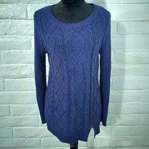Cato blue heather pullover tunic sweater with front off- center notch, sz L